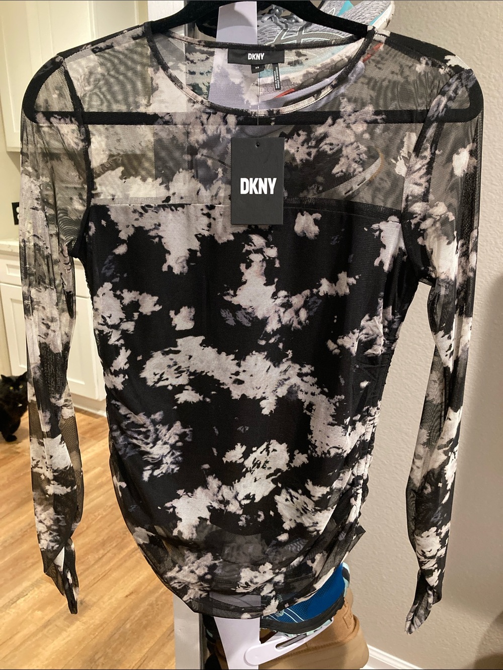DKNY Black and White Tie-Dye Mesh Long Sleeve Tee